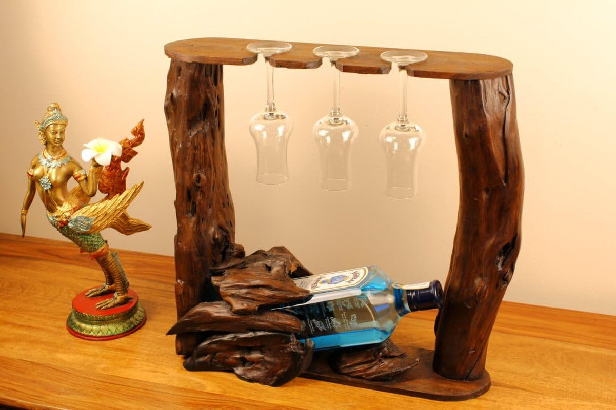 Kinaree Wurzelholz Flaschenhalter - Flaschenständer Für 1 Flasche Und 3 Gläser, Für Wein, Likör Oder Schnäpse - Geschenkidee Für Geburtstag, Weihnachten Oder Hochzeit