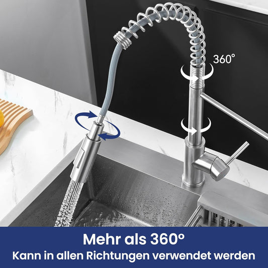 CECIPA Wasserhahn Küche, Hochdruck Küchenarmatur Mit Herunterziehbare Brause, Mischbatterie Küche Zwei Sprühfunktionen, Hoher Bogen Spültischarmatur 360° Drehung, Edelstahl Gebürstet