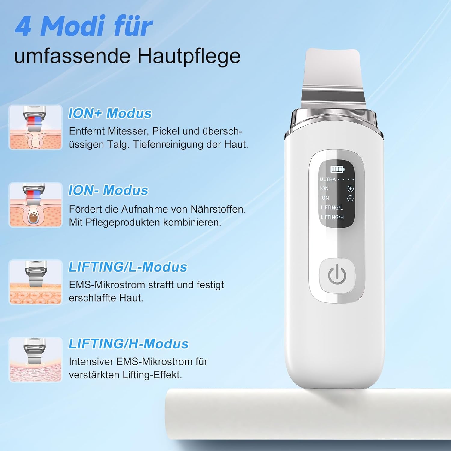 Skin Scrubber Ultraschall, Porenreiniger Gesicht Mit 4 Modi Und IPX7 Wasserdicht, Rotes Blaues Licht, Led-Anzeige Und 5-Minuten-Autoabschaltung Mitesserentferner Gesichtsreinigung Gerät