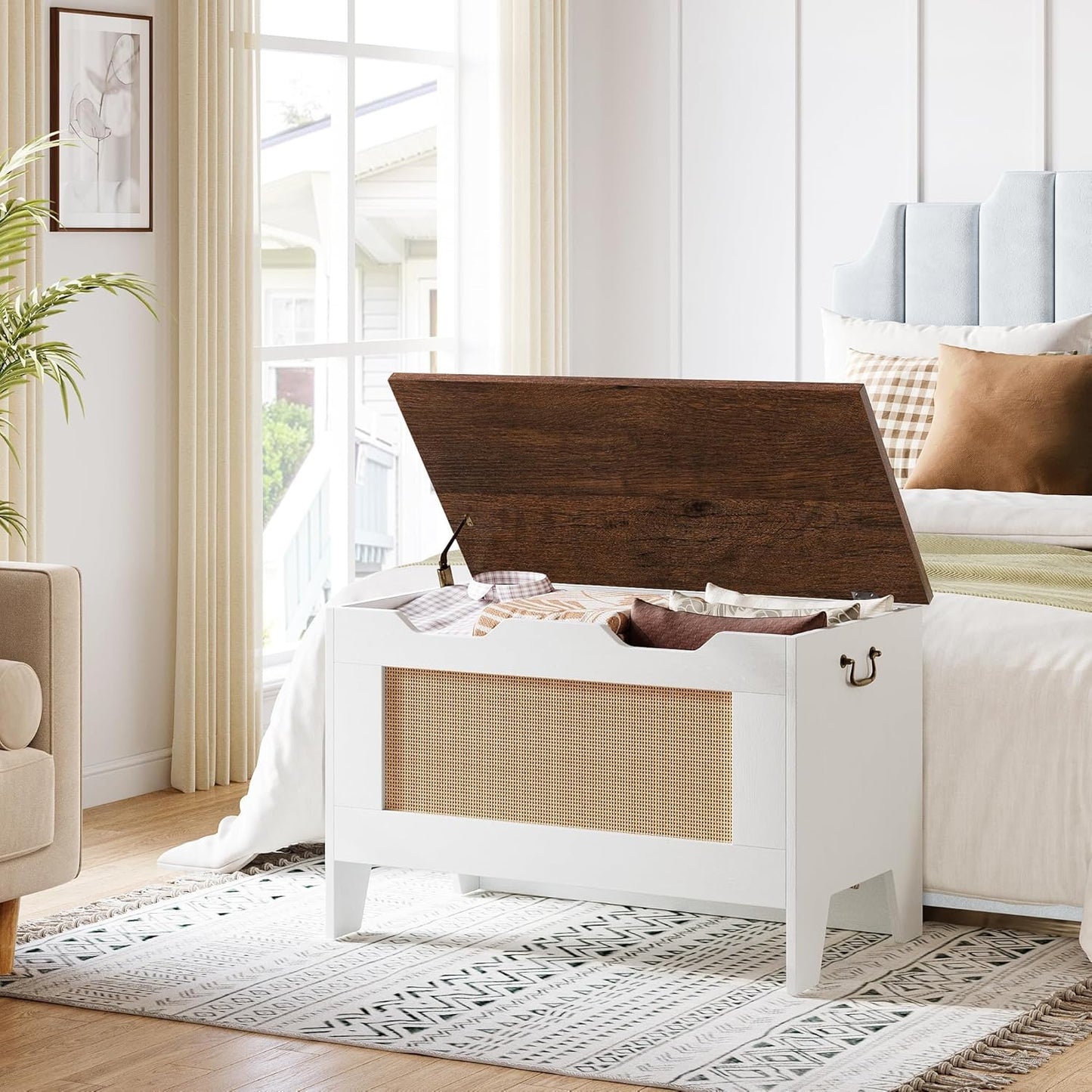 76Cm Sitztruhe Aufbewahrungsbank Aus Holz, Sitzbank Mit Stauraum Mit 2 Sicherheitsscharnieren, Multifunktionale Schuhbank Für Flur, Wohnzimmer, Schlafzimmer