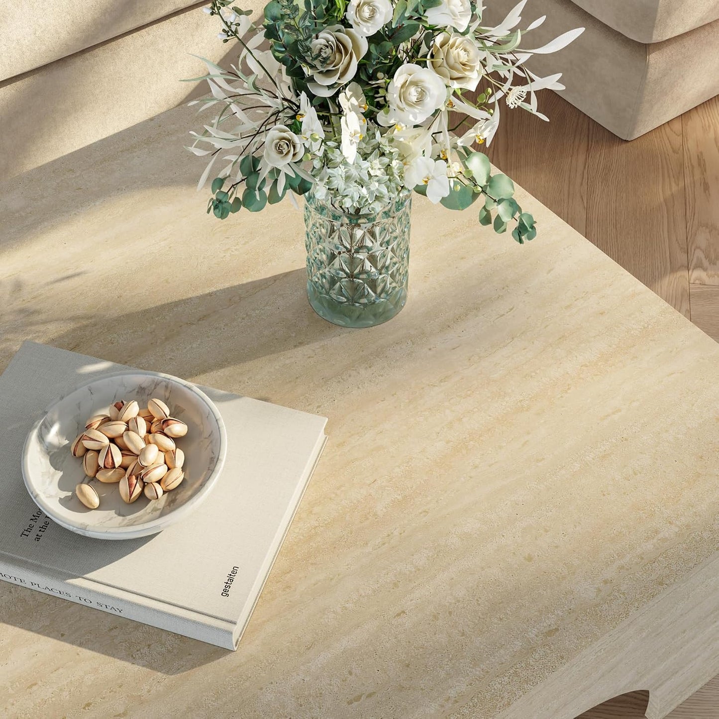 [En.Casa] Couchtisch Vivatka Wohnzimmertisch Beistelltisch 80 X 80 X 37 Cm Sofatisch Quadratisch Kaffeetisch Travertin