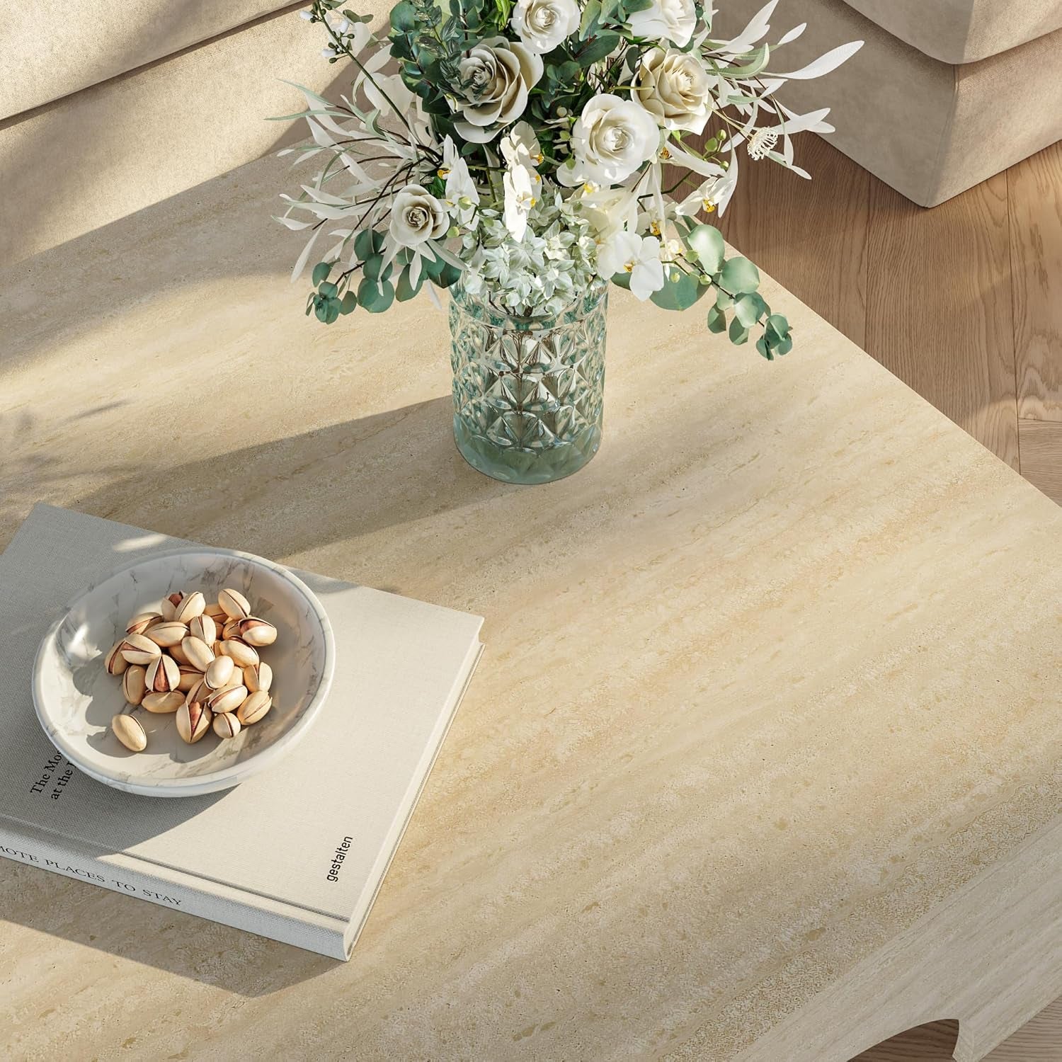 [En.Casa] Couchtisch Vivatka Wohnzimmertisch Beistelltisch 80 X 80 X 37 Cm Sofatisch Quadratisch Kaffeetisch Travertin