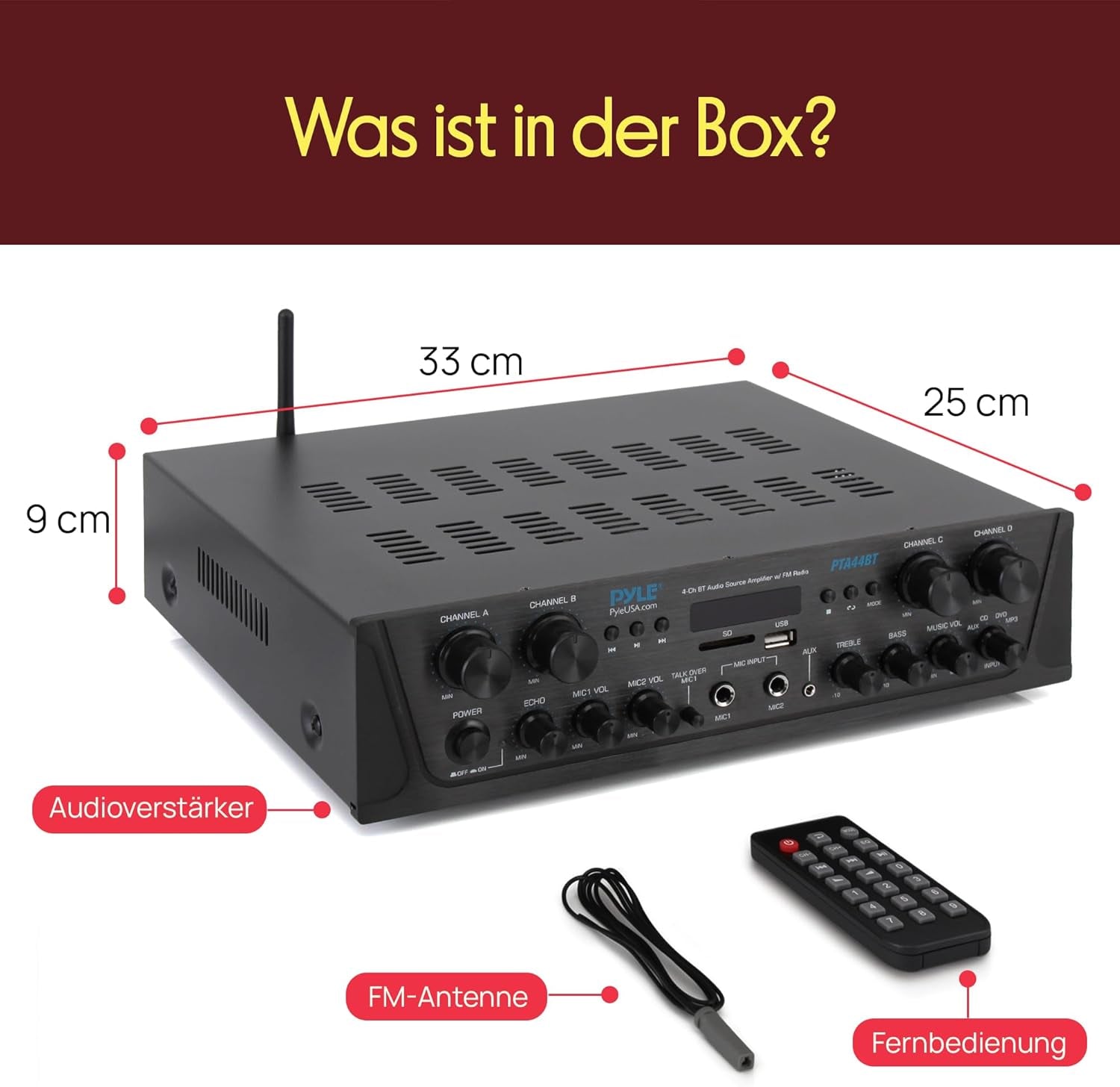 Pyle Bluetooth Stereo Verstärker 500 W – 4-Kanal Mini Receiver Mit USB, AUX, Fm-Radio, Subwoofer RCA & Mikrofoneingang Mit Echo Kabelloses Streaming, Für Heimkino, Studio & Pa-Anlage