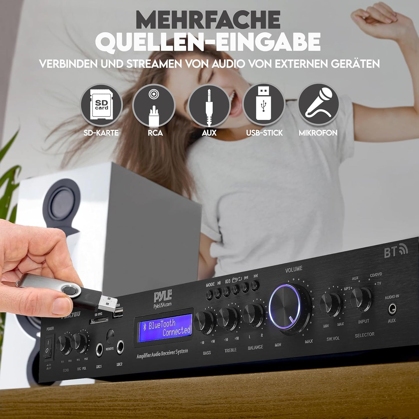 Pyle 200W Hifi Stereo Verstärker – 5-Kanal Receiver Mit Radio & Bluetooth, MP3 USB/SD/AUX, Heimkino Surround Verstärker