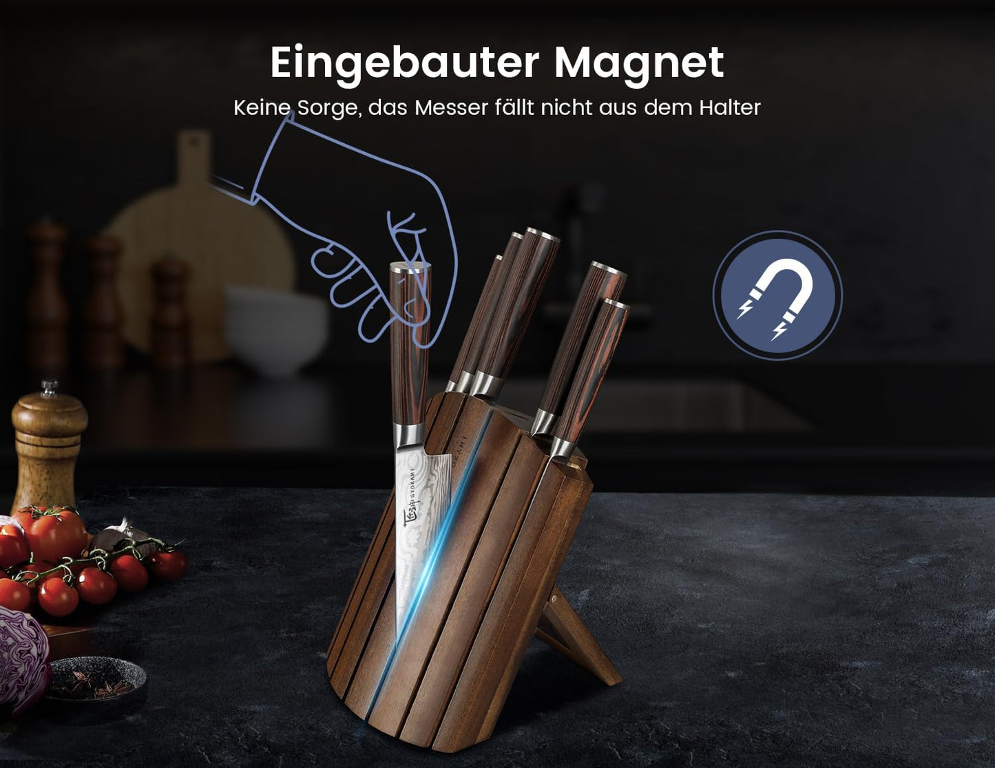 Messerset 7-Teiliges Küchenmesser-Set Im Japanischen Stil Mit Faltbarem Magnetischem Akazienholzblock, Scharfer Karbonstahl Für Die Küche Mit Rutschfestem Ergonomischem Griff