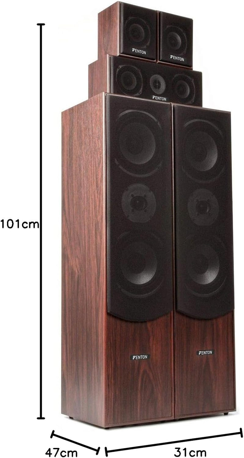 Fenton HF5W - Heimkino Musikanlage Für Audiosystem 1150 Watt - 5.0 Surround Sound System, 5-Teiliges Home Entertainment System, Heimkino Soundsystem, Für Zuhause, Wohnzimmer - Nussbraun