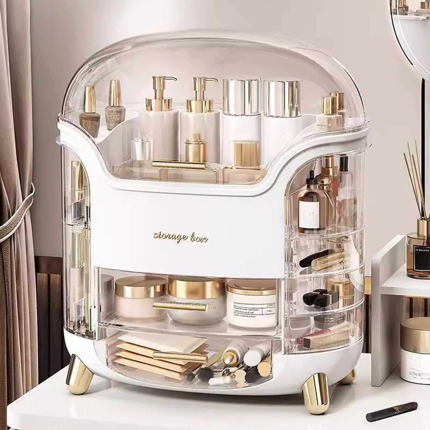 Make up Organizer Mit Schubladen Und Deckel Kosmetik Beauty Aufbewahrung Box Multifunktion Tragbare Schmuck Waschtisch Display Für Schminktisch Pinsel Skincare Haar-Accessoire Arbeitsplatte