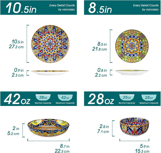 Vancasso 24-Teiliges Geschirrset Aus Porzellan, Tafelservice 6 Personen Mit Speiseteller, Dessertteller, Suppenteller Und Schalen, Mikrowellen- Und Spülmaschinenfest, Boho Kombiservice, Series SIMI