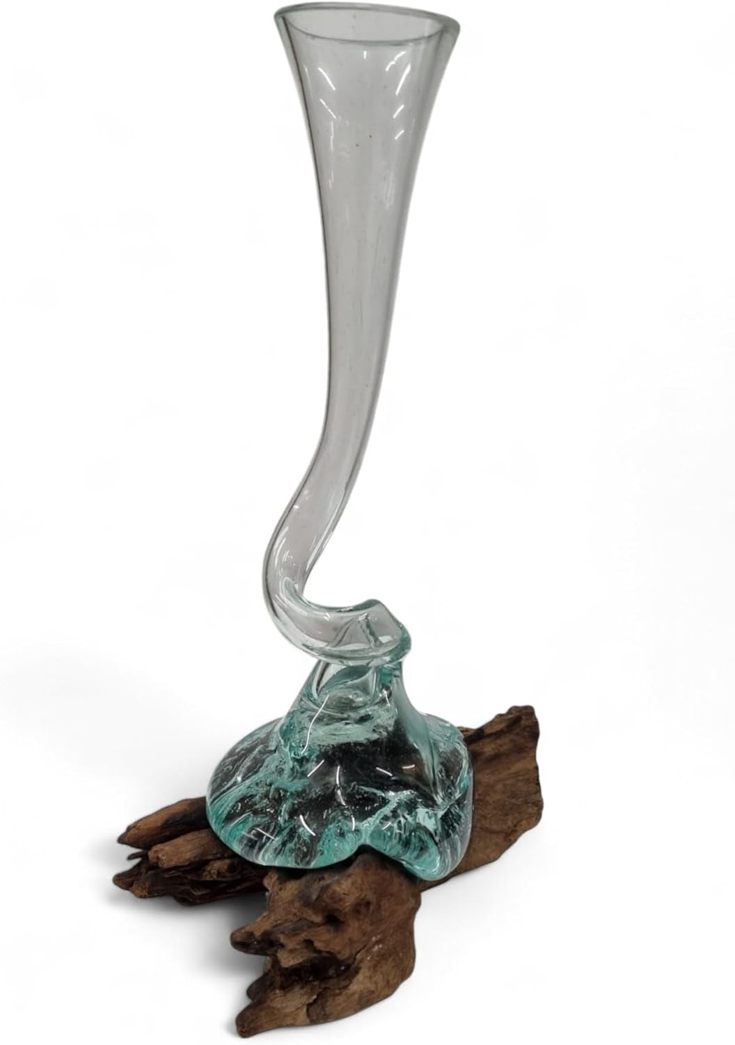 Handgefertigte Vase Aus Geschmolzenem Glas Auf Holz – Recyclingglas Auf Wurzelholz, Nachhaltige Deko Aus Bali, Ca. 30-40 Cm Hoch