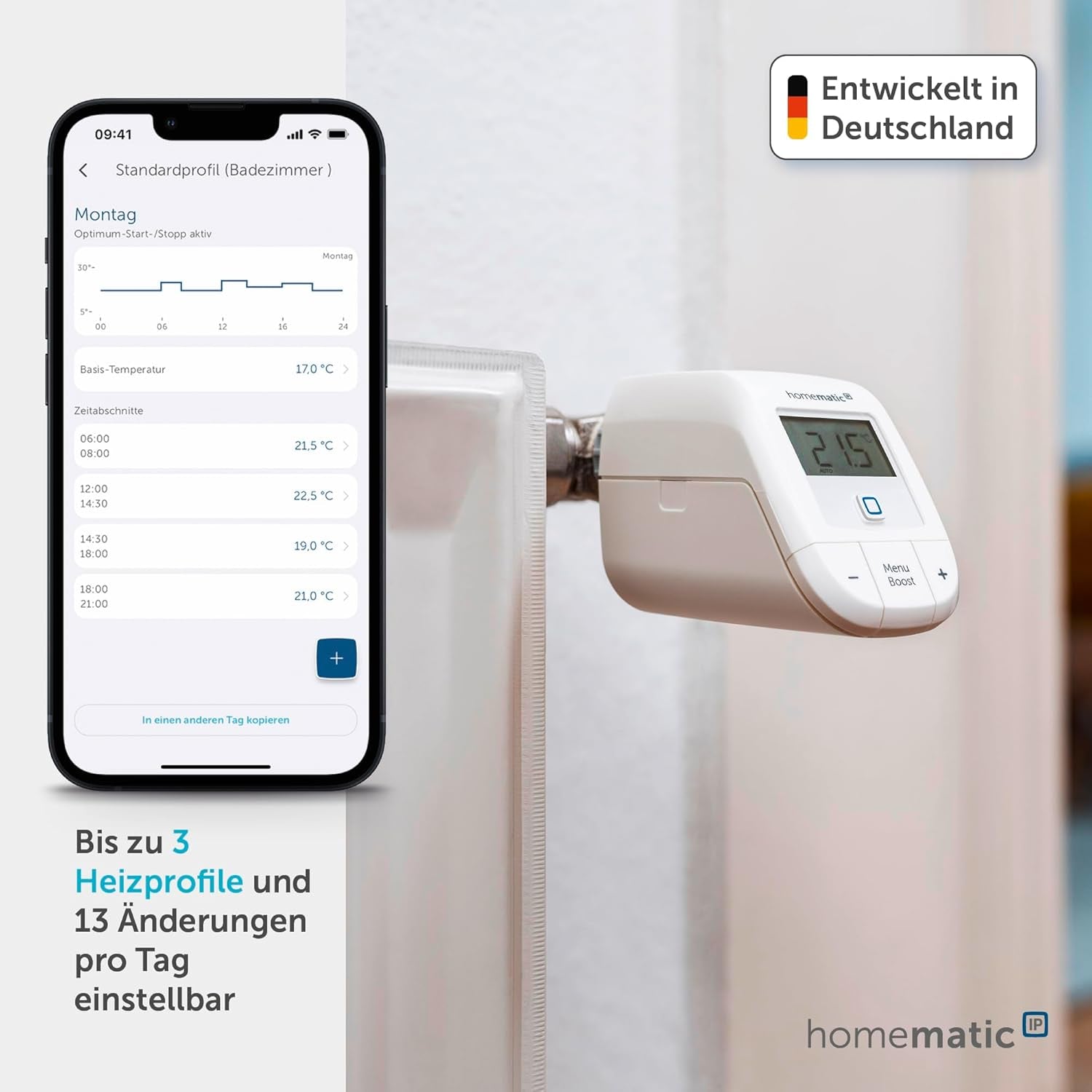 Homematic IP Smart Home Heizkörperthermostat – Basic, Digitaler Thermostat Heizung, Steuerung per App, Alexa, Google Assistant, Einfache Installation, Energie Sparen, 153412A3