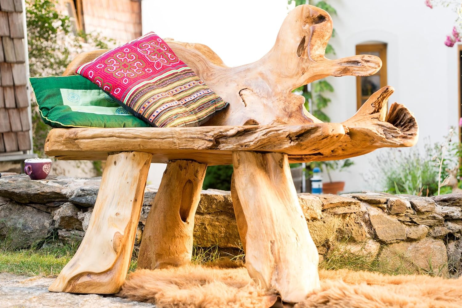 Windalf Rustikale Sitzbank ALVANI 120 Cm Natur Landhaus Küchenbank Handarbeit Wurzelholz