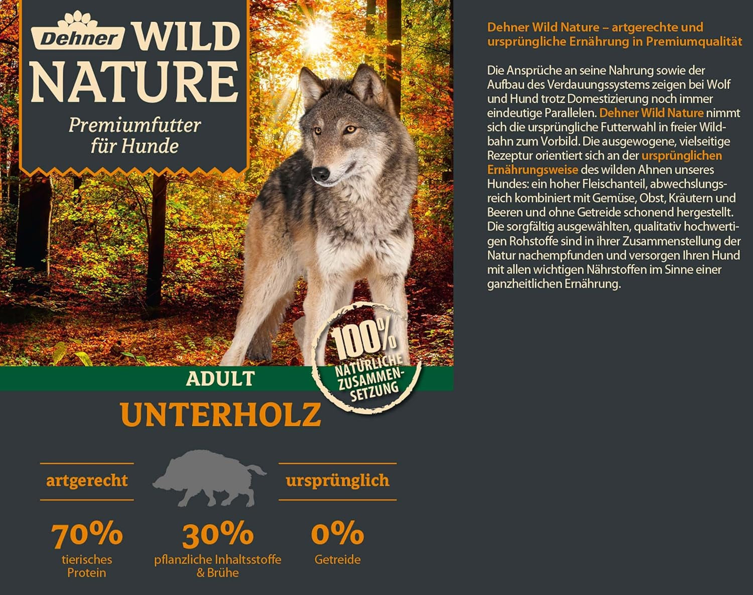 Dehner Wild Nature Hundefutter Unterholz, Nassfutter Getreidefrei / Zuckerfrei, Für Ausgewachsene Hunde, Wildschwein, 6 X 800 G Dose (4.8 Kg)