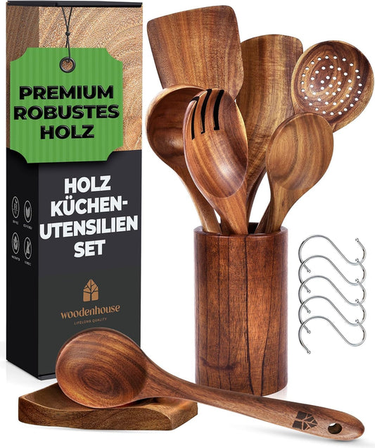 Holz Kochbesteck-Set Mit Halter, Pfannenwender Kochlöffel Schöpfkelle Nudelheber Servierlöffel Sieb – Mit Haken, Halter Und Ablage – 13-Teiliges-Set Küchenset – Hochwertig & Nachhaltig