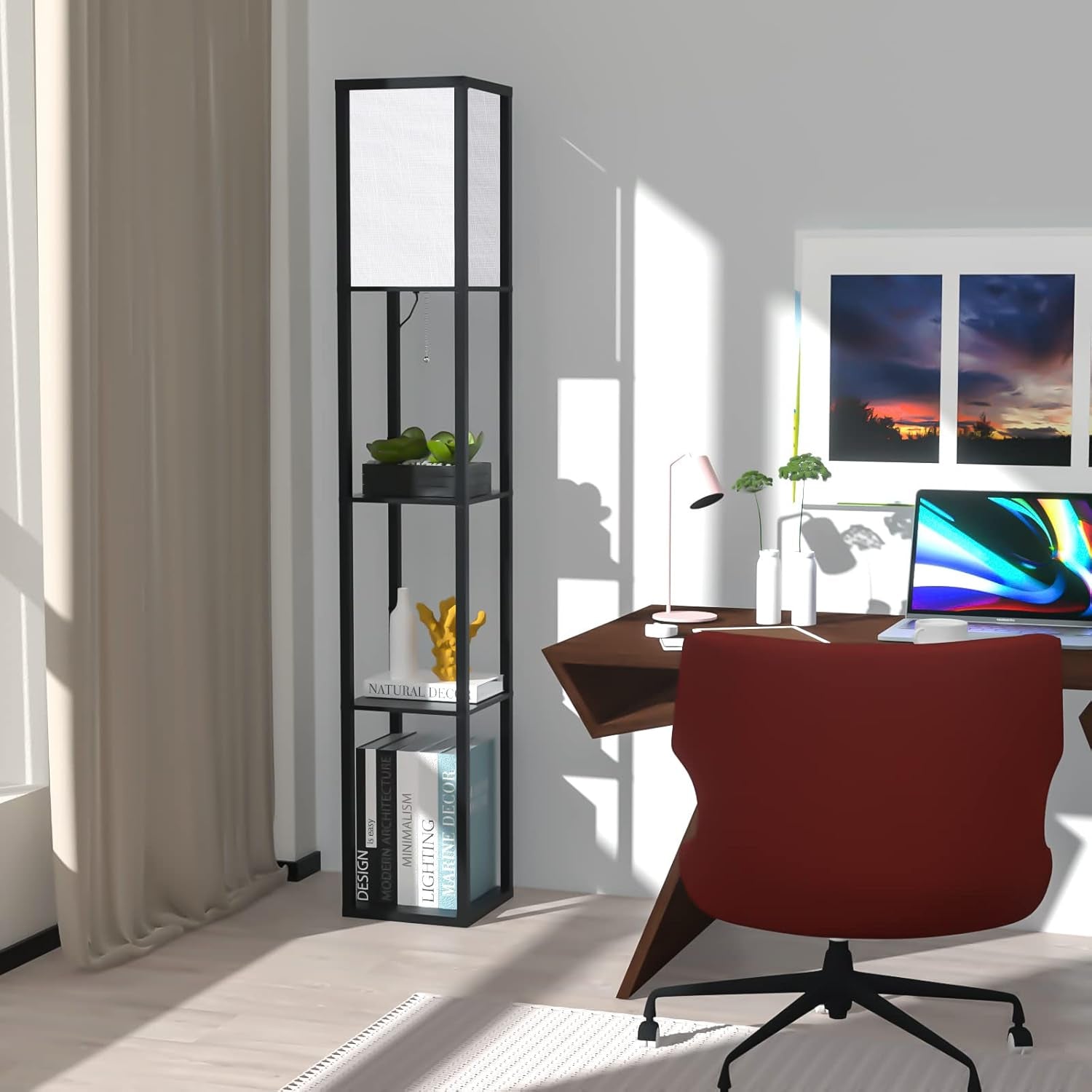 Stehlampe Mit Regal Aus Holz, Stehlampe Wohnzimmer Mit 3 Farbtemperatur, Stehleuchte 1.62M Mit Lampenschirm, Moderne Schwarz Standleuchte Mit 3 Holzregale Für Whonzimmer Schlafzimmer Büro