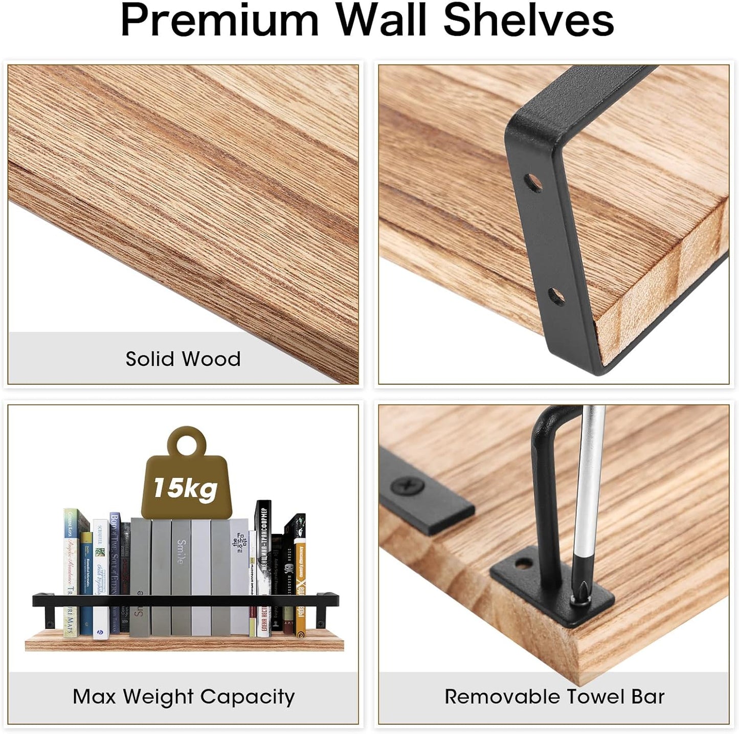 Uten Wandregal Holz, Schweberegal Rustikal Mit Handtuchhalter 2Er Set Hellbraun Für Schlafzimmer, Wohnzimmer, Badezimmer, Küche, Büro