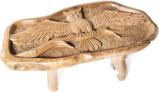 Windalf Handgearbeiteter Design Eulen Couchtisch Miana 106 Cm Großer Uhu Wohnzimmertisch Mit Glasplatte UNIKAT Wurzelholz