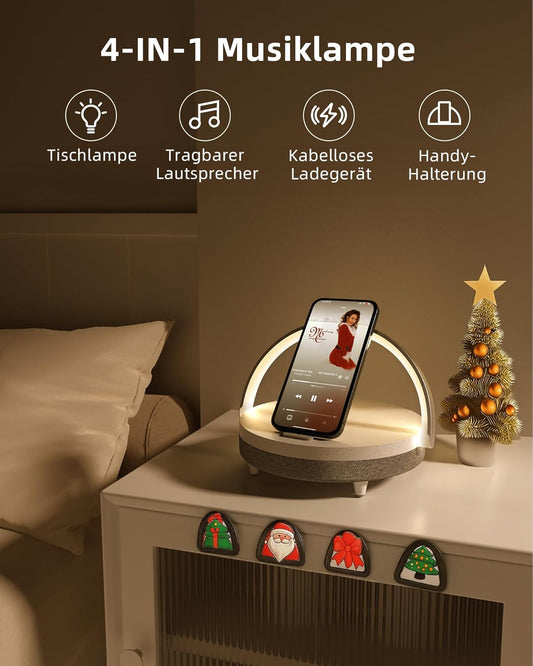 EZVALO LED Nachttischlampe Mit Ladefunktion, 4-In-1 Touch Dimmbar Nachtlicht, Bluetooth Lautsprecher, Kabelloser Ladefunktion, Telefonhalterung, Tischleuchte Für Frauen, Weihnachten, Geburtstag