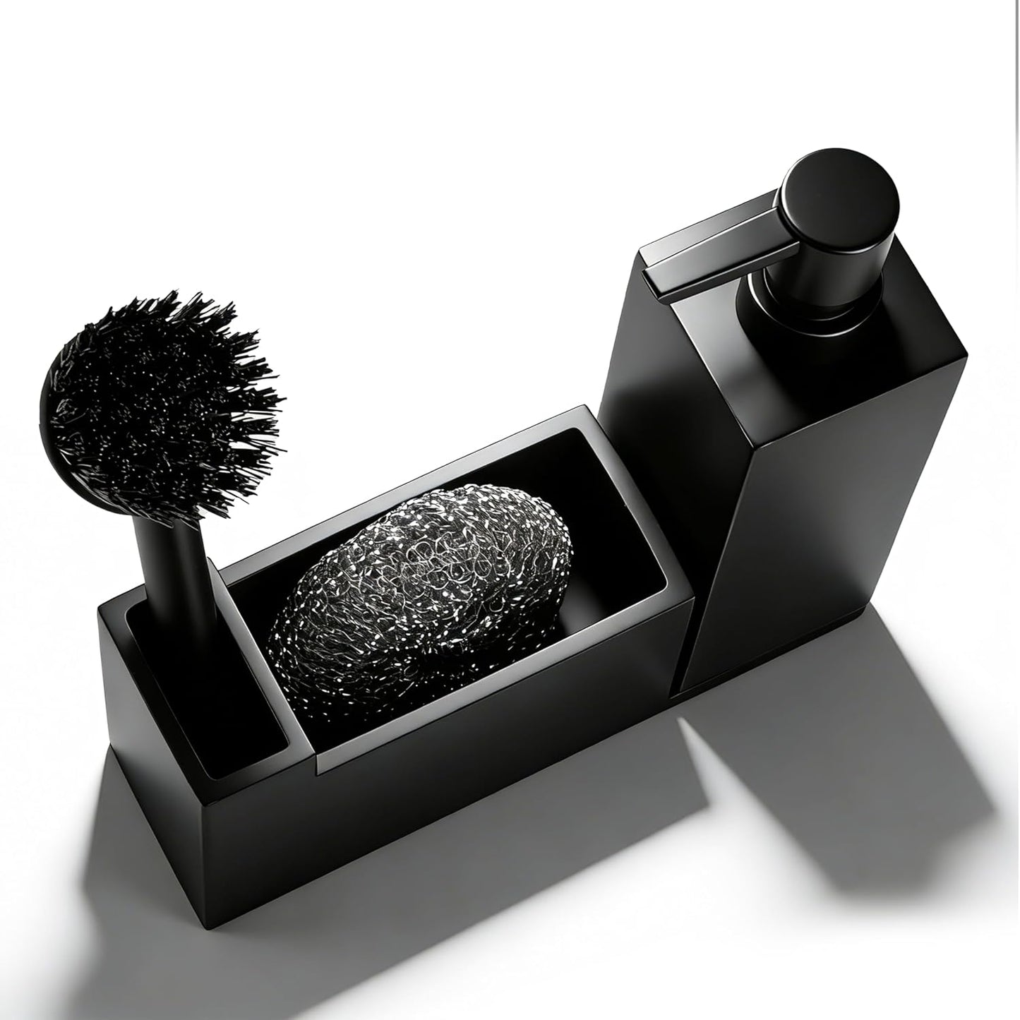 Küchen Organizer Spüle – Spülbecken Organizer Aus Matt-Schwarzem Kunststein – Schmal Und Elegant - Zubehör Für Stilvolle Küchen - Inkl. Seifenspender Und Metallschwamm