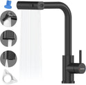 DAYONE Wasserfall Wasserhahn Küche Ausziehbar, Mattschwarz Hochdruck Spültischarmatur Küche Mit Brause, 360° Drehbar Mischbatterie Küche Mit 3 Strahlarten, SUS304 Edelstahl Küchenarmatur