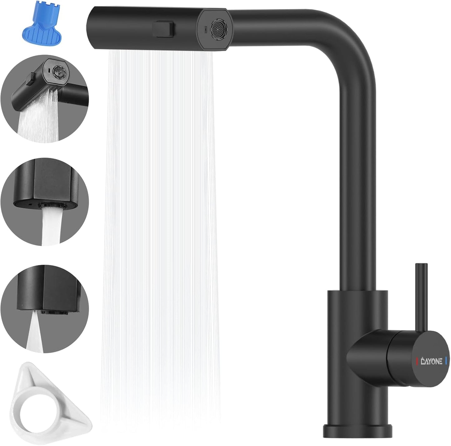 DAYONE Wasserfall Wasserhahn Küche Ausziehbar, Mattschwarz Hochdruck Spültischarmatur Küche Mit Brause, 360° Drehbar Mischbatterie Küche Mit 3 Strahlarten, SUS304 Edelstahl Küchenarmatur