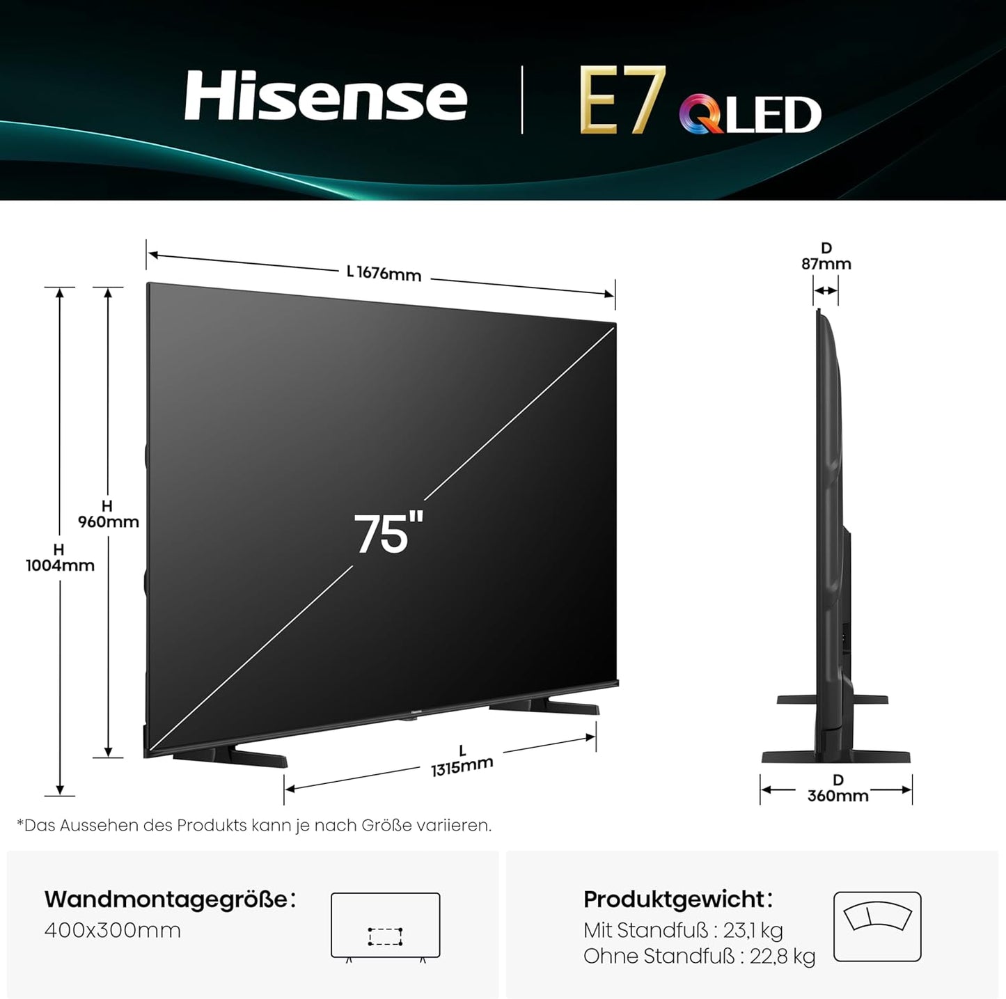 Hisense 75E7Q Fehrnseher, 75 Zoll, 4K UHD QLED, Smart TV, Game Mode Plus, Filmaker Mode, Dolby Vision Atmos, HDR10, HLG, HDR Immersive, AI 4K Upscaler, Dolby MS12, DTS X, Sprachsteuerung [2025]