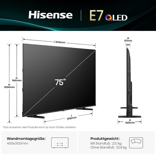Hisense 75E7Q Fehrnseher, 75 Zoll, 4K UHD QLED, Smart TV, Game Mode Plus, Filmaker Mode, Dolby Vision Atmos, HDR10, HLG, HDR Immersive, AI 4K Upscaler, Dolby MS12, DTS X, Sprachsteuerung [2025]