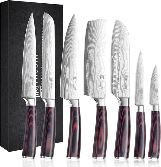 PAUDIN Messerset 7-Teilig, Küchenmesserset Aus Hochwertigem Edelstahl, Profi Kochmesser Mit Scharfer Klinge, Küchenmesser Mit Ergonomischem Holzgriff, Langlebiges Messer Set, Geschenkbox