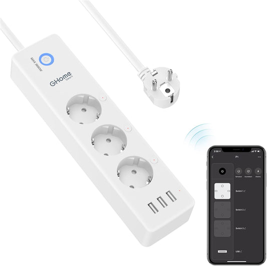 Ghome Smart WLAN Steckdosenleiste Mit 3 Ac-Steckdose Und 3 Usb,Separat Gesteuert Schalter Mit Mehrfachsteckdose,Stromverbrauch Messen,App-Steuerung,Kompatibel Mit Alexa,Google Home,Nur 2,4Ghz,16A,1.5M