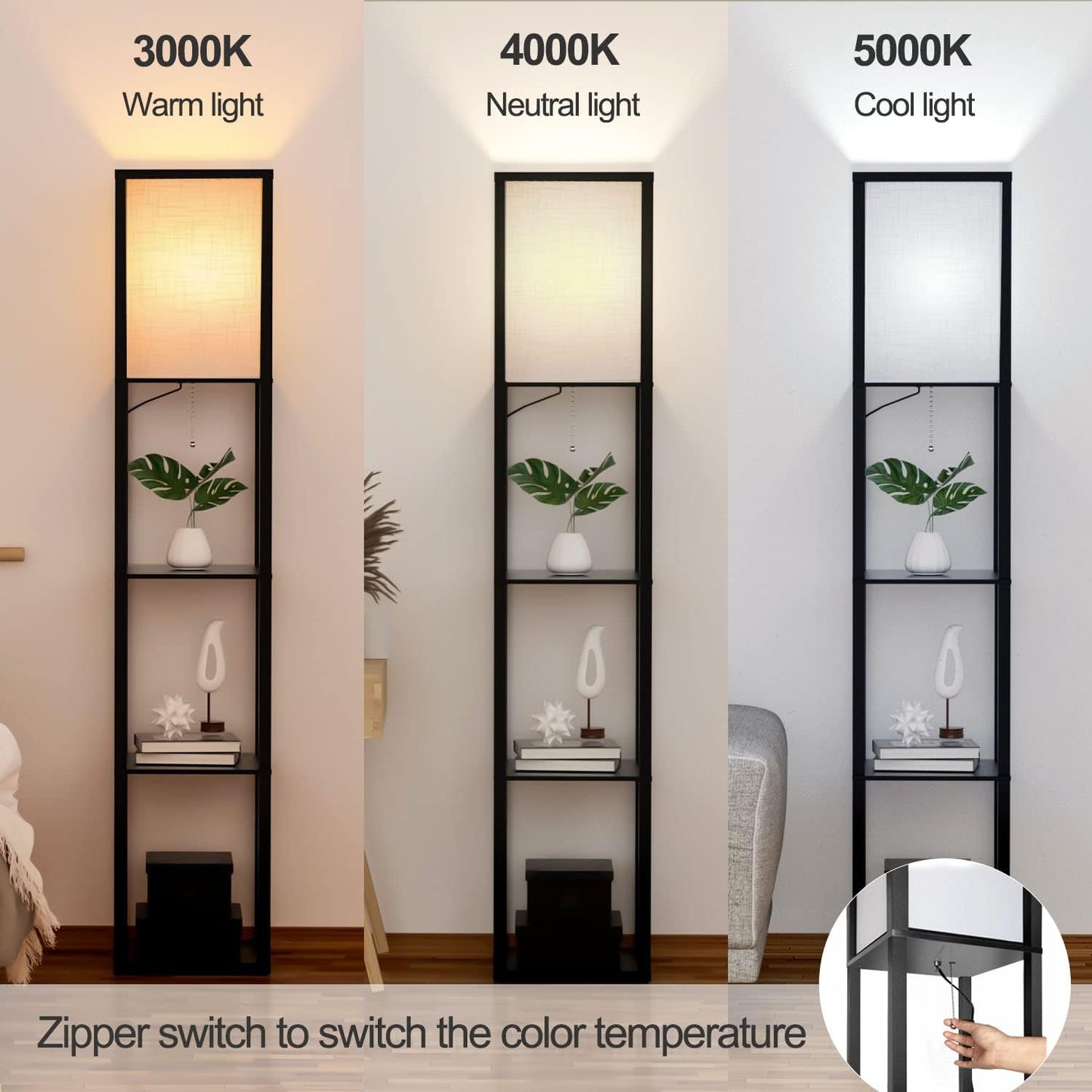 Stehlampe Mit Regal Aus Holz, Stehlampe Wohnzimmer Mit 3 Farbtemperatur, Stehleuchte 1.62M Mit Lampenschirm, Moderne Schwarz Standleuchte Mit 3 Holzregale Für Whonzimmer Schlafzimmer Büro