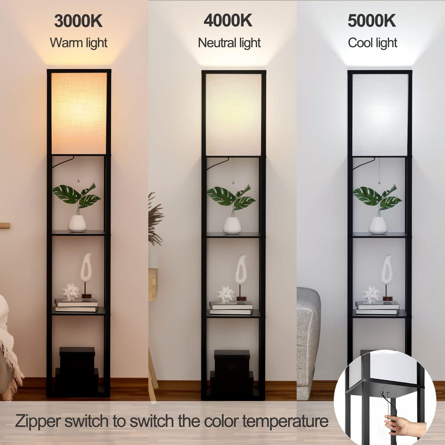 Stehlampe Mit Regal Aus Holz, Stehlampe Wohnzimmer Mit 3 Farbtemperatur, Stehleuchte 1.62M Mit Lampenschirm, Moderne Schwarz Standleuchte Mit 3 Holzregale Für Whonzimmer Schlafzimmer Büro