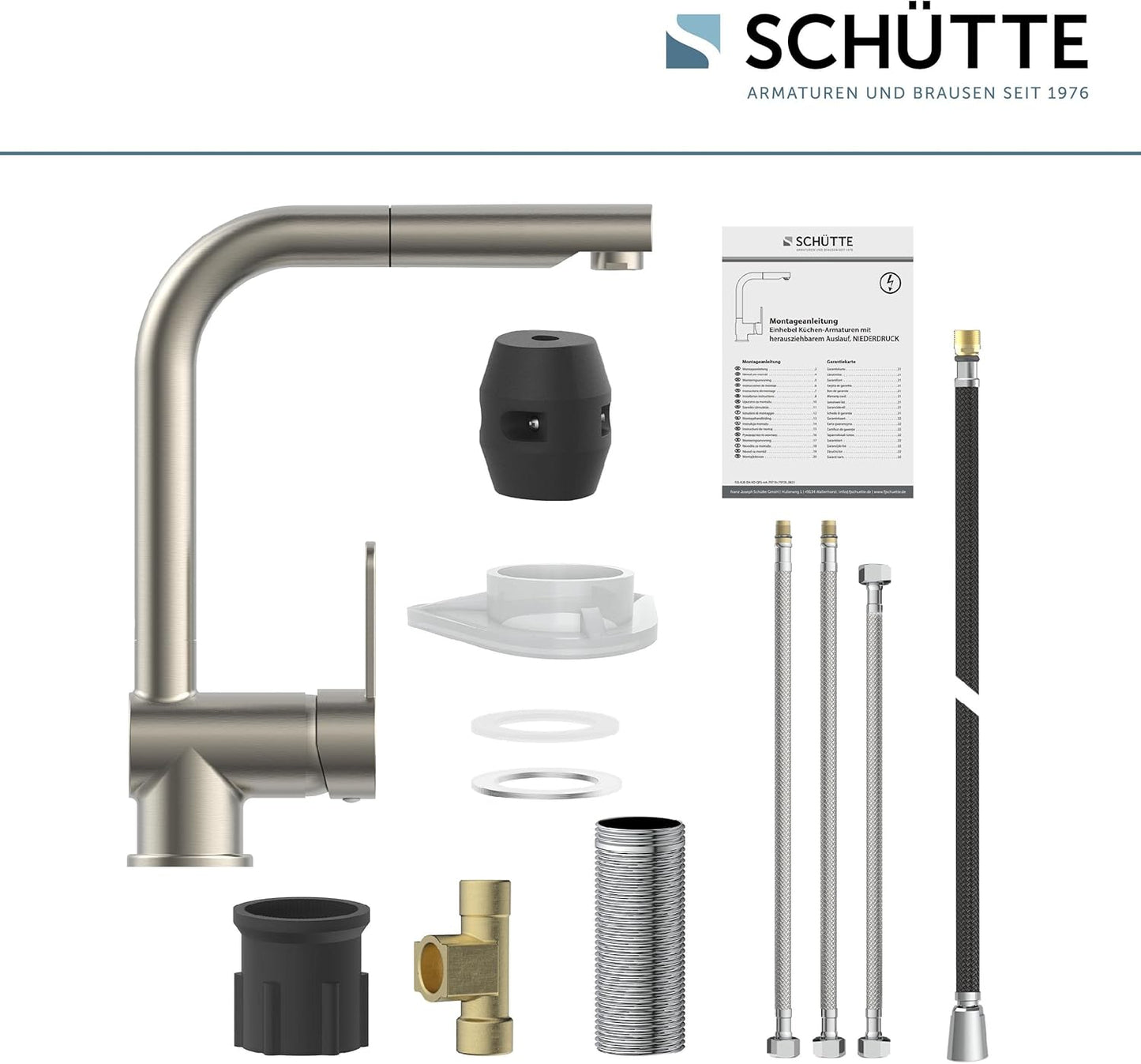 SCHÜTTE 79729 LONDON Niederdruck-Küchenarmatur in Edelstahl Mit Ausziehbarer Geschirrbrause, 360 Grad Schwenkbarer Wasserhahn Für Die Küche, Mischbatterie Mit Einhebelmischer, Spültischarmatur