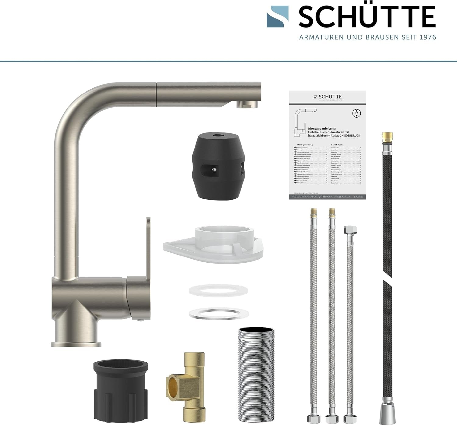 SCHÜTTE 79729 LONDON Niederdruck-Küchenarmatur in Edelstahl Mit Ausziehbarer Geschirrbrause, 360 Grad Schwenkbarer Wasserhahn Für Die Küche, Mischbatterie Mit Einhebelmischer, Spültischarmatur