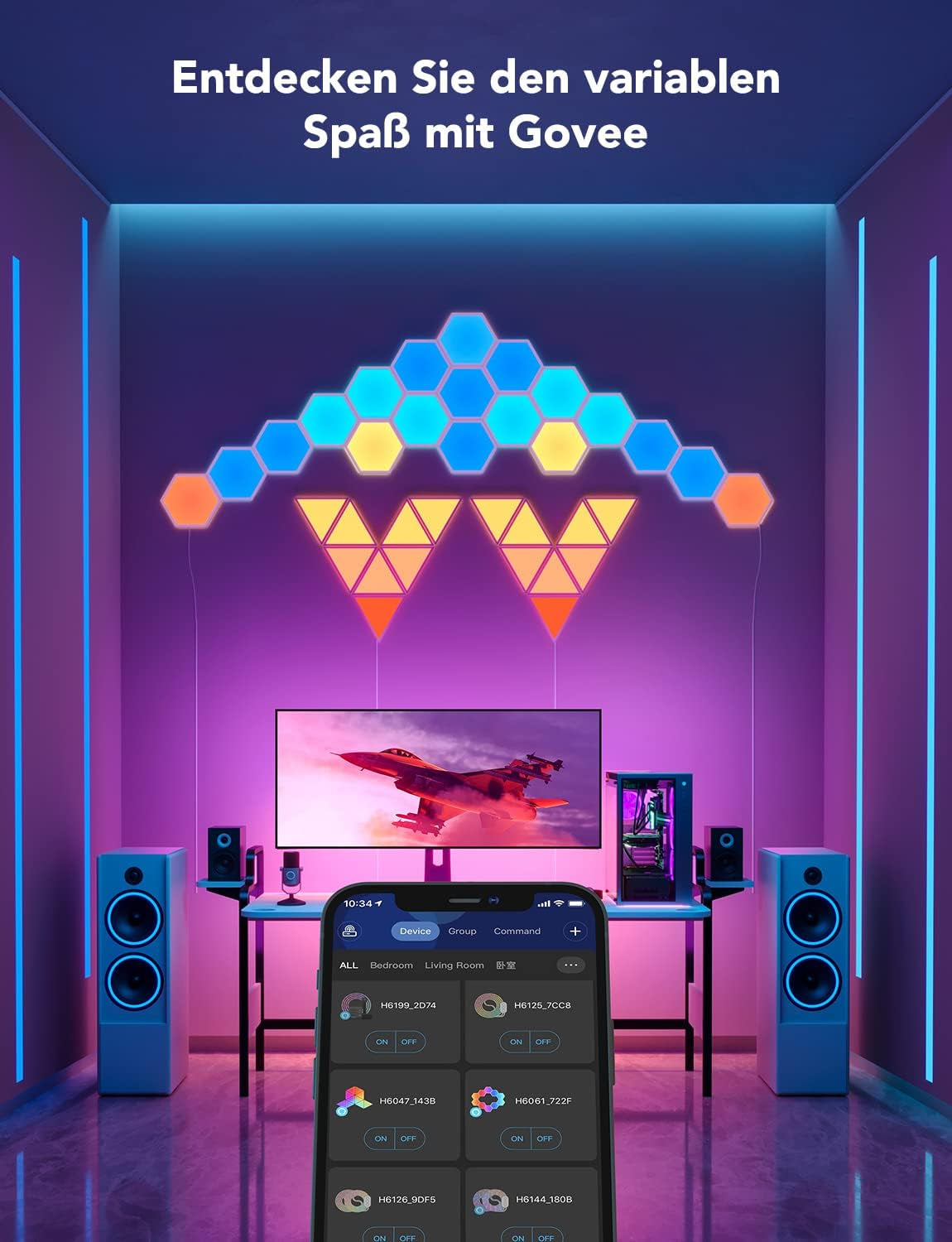 Govee LED Sechseck Hexagon Panel Gaming,10 RGBIC Smart Wandleuchte Funktioniert Mit Alexa, Google Assistant, Kreative Dekorative Wi-Fi, Musik Sync Für Gaming Beleuchtung & Zimmer Deko