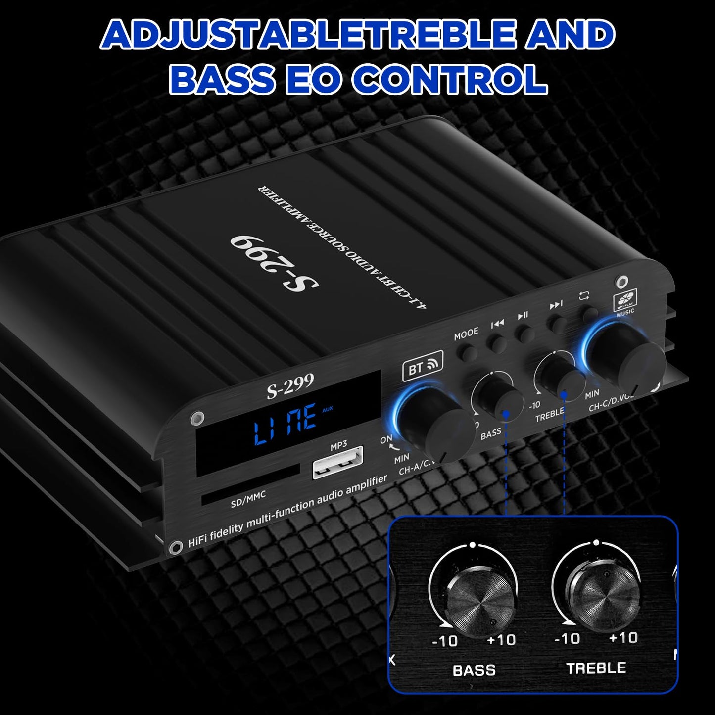 4.1-Kanal Verstärker, 1600W Mini Hifi Verstärker, Bluetooth 5.0 Für Heimlautsprecher 40W X 4 + Active Subwoofer Von 110-240V Bis 12V Mit USB TF Steckplatz MP3 Player Mit Fernbedienung