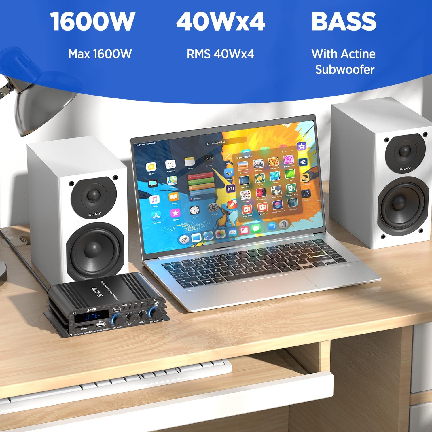4.1-Kanal Verstärker, 1600W Mini Hifi Verstärker, Bluetooth 5.0 Für Heimlautsprecher 40W X 4 + Active Subwoofer Von 110-240V Bis 12V Mit USB TF Steckplatz MP3 Player Mit Fernbedienung