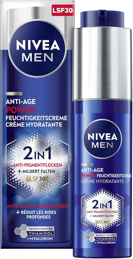 NIVEA MEN Anti-Age 2In1 Power Tagespflege Mit LSF 30, Gesichtspflege Mit Hyaluron Für Männer Mit Anti-Aging-Effekt, Hautpflege Mit LUMINOUS630® Gegen Alters- Und Pigmentflecken (50 Ml)