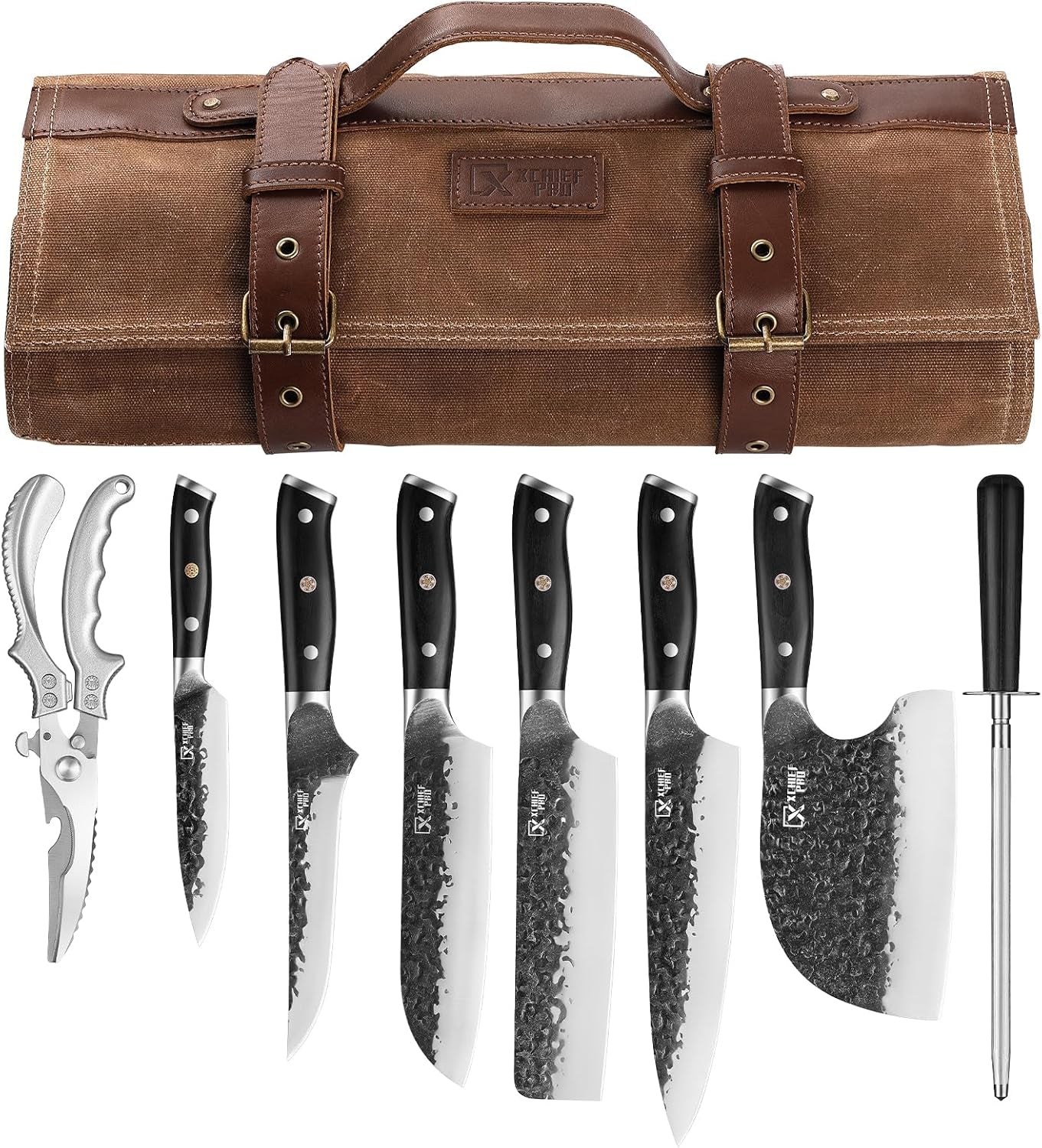 Küchenmesser-Set, Handgeschmiedete Fleisch-Bonier-, Schnitz- Und Hackmesser, Hochkohlenstoffstahl Japan Nakiri Santoku Messer-Set Mit Zubehör Für Die Küche, BBQ Und Camping Mit Tragetasche