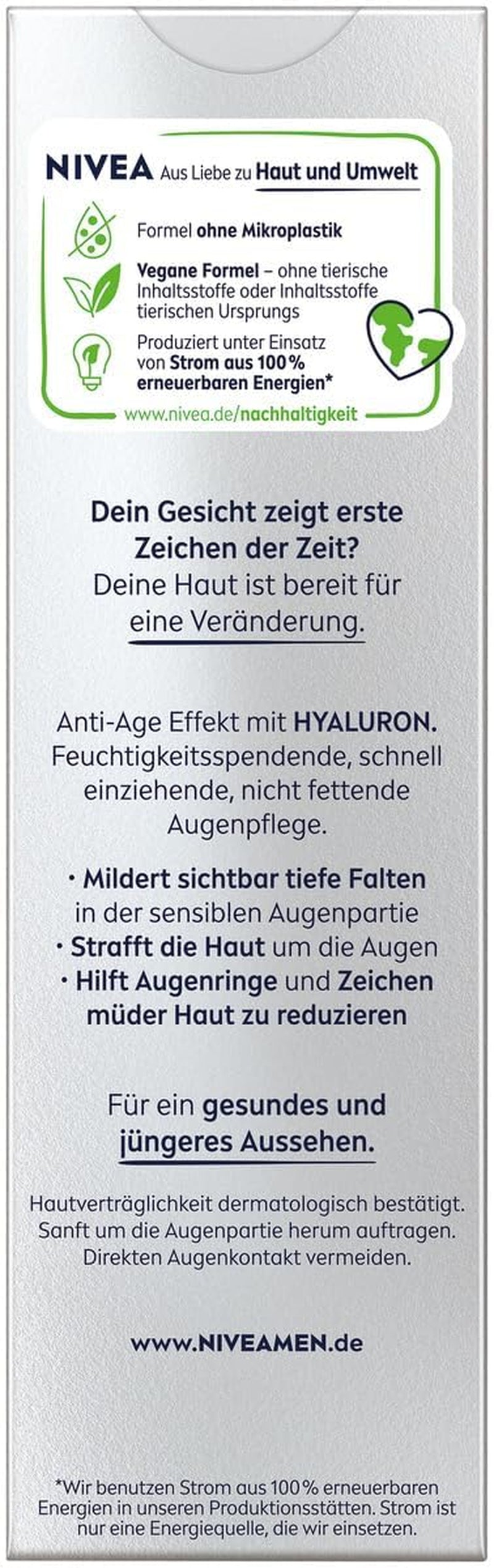 NIVEA MEN Anti-Age Hyaluron Augenpflege, Straffende Augencreme Gegen Falten Und Augenringe, Feuchtigkeitsspendende Augenpflege Mit Hyaluron (15 Ml)