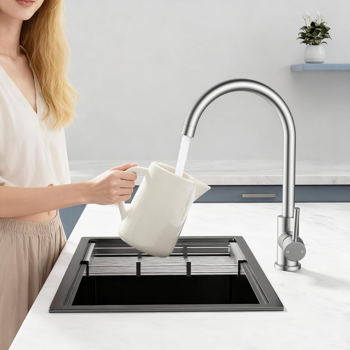 FORIOUS Wasserhahn Küche, Mischbatterie Armatur, Edelstahl, 360° Schwenkbar, Einhebel-Warm- Und Küchenarmatur, Edelstahl, Auslaufhöhe 238 Mm, Fingerzug