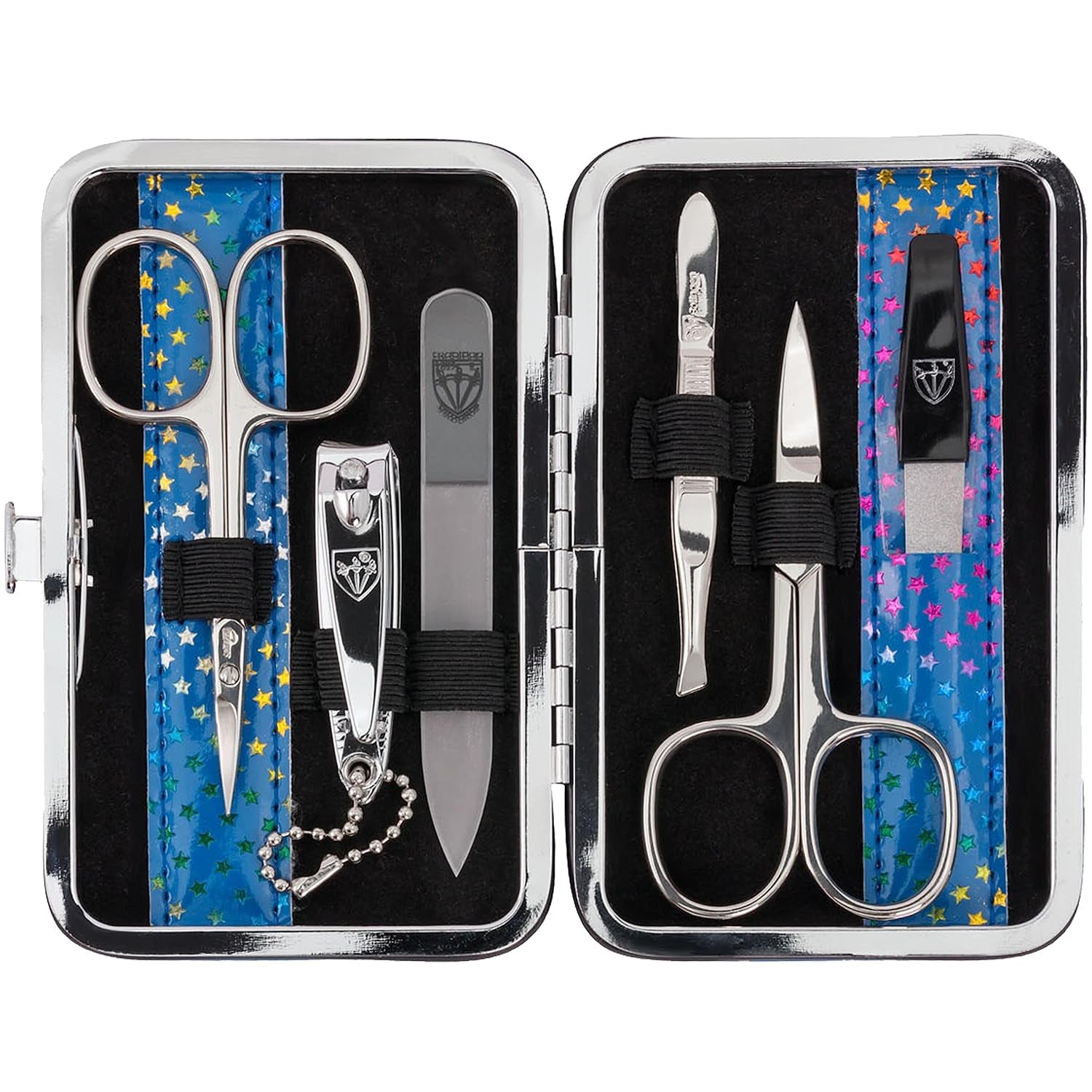 DREI SCHWERTER - Germany 6-Tlg. Maniküreset 'Genova' | Set Im Nageletui Aus Kunstlackleder Blau Sterne | Inhalt: Nagelschere, Hautschere, Nagelknipser, Glasnagelfeile, Pinzette, Saphirnagelfeile