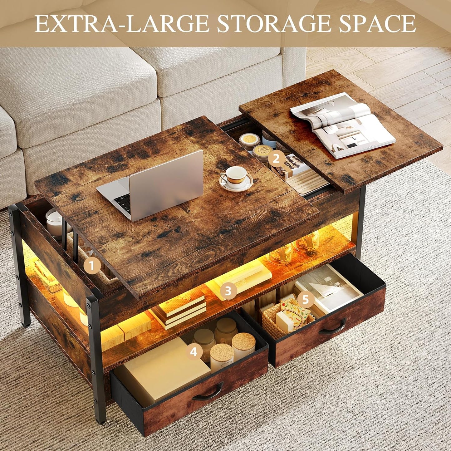 YITAHOME Couchtisch Höhenverstellbar, Wohnzimmertisch Mit Verstecktem Ablagefach Für Für Wohnzimmer, Büro, Couchtisch Mit Stauraum Und 2 Schublade Und Led-Lichtleiste 106 X50X51,5Cm