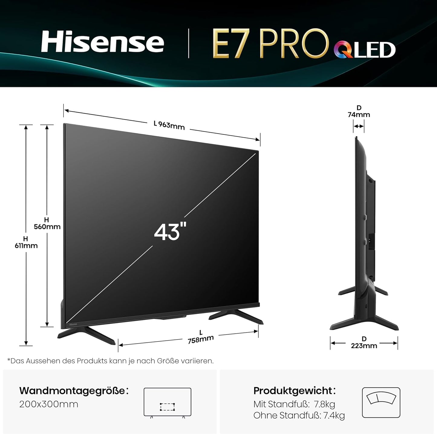 Hisense 43E7Q PRO Fehrnseher,43 Zoll, 4K UHD QLED, Smart Tv,144Hz Game Mode Pro,Filmaker Mode, AMD Freesync Premium,Ai HDR Upscaler,Dolby Vision Iq,Dolby Atmos,Sprachsteuerung [2025]