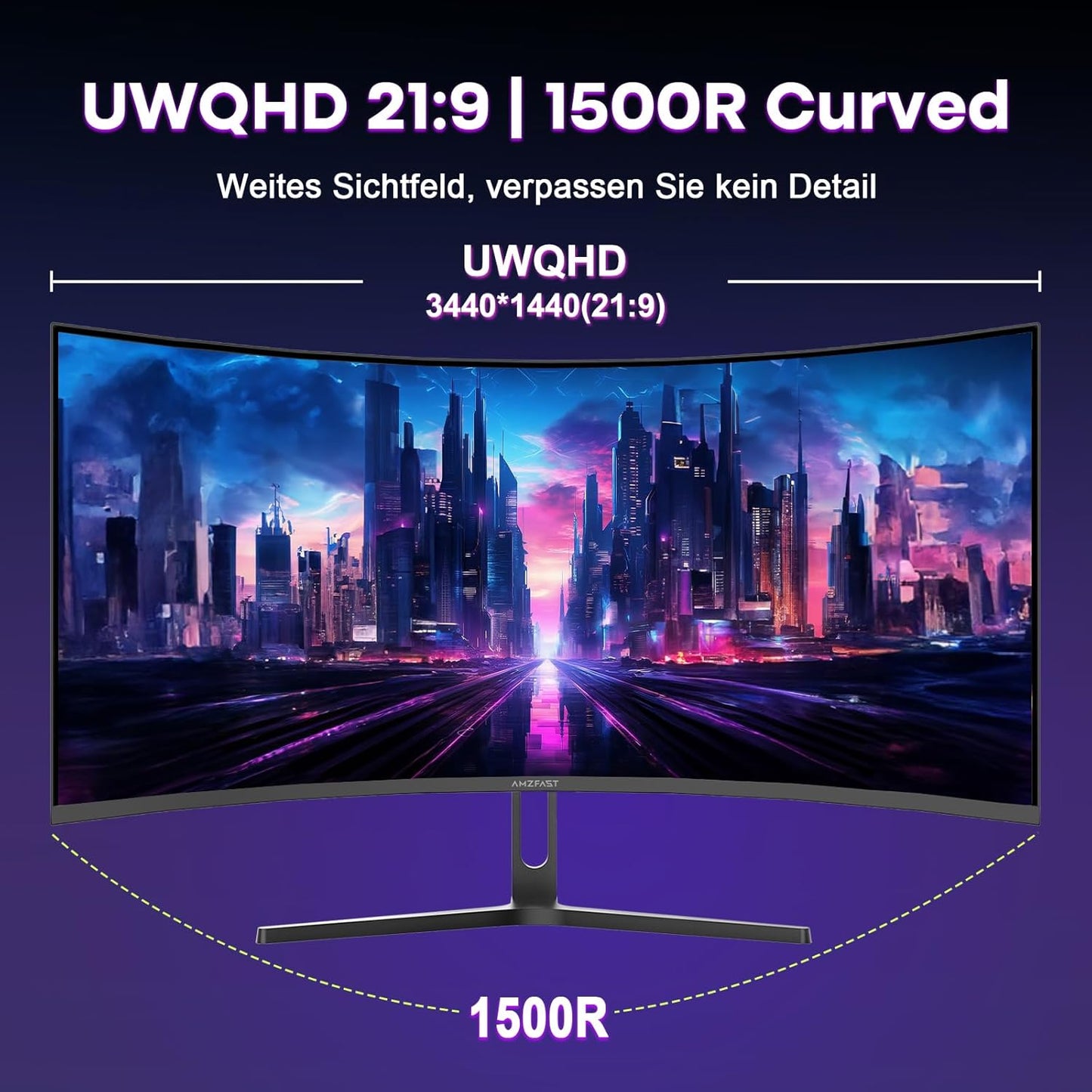 Amzfast 34 Zoll Curved Gaming Monitor, 3440X1440 UWQHD, 240Hz, 21:9 VA Panel, 1500R, 1Ms MPRT, Adaptive Sync, HDR, DCI-P3 98%, Srgb 130%, Pip/Pbp, HDMI2.1 & DP1.4, VESA 75X75Mm, AMZG34C5Q Pro