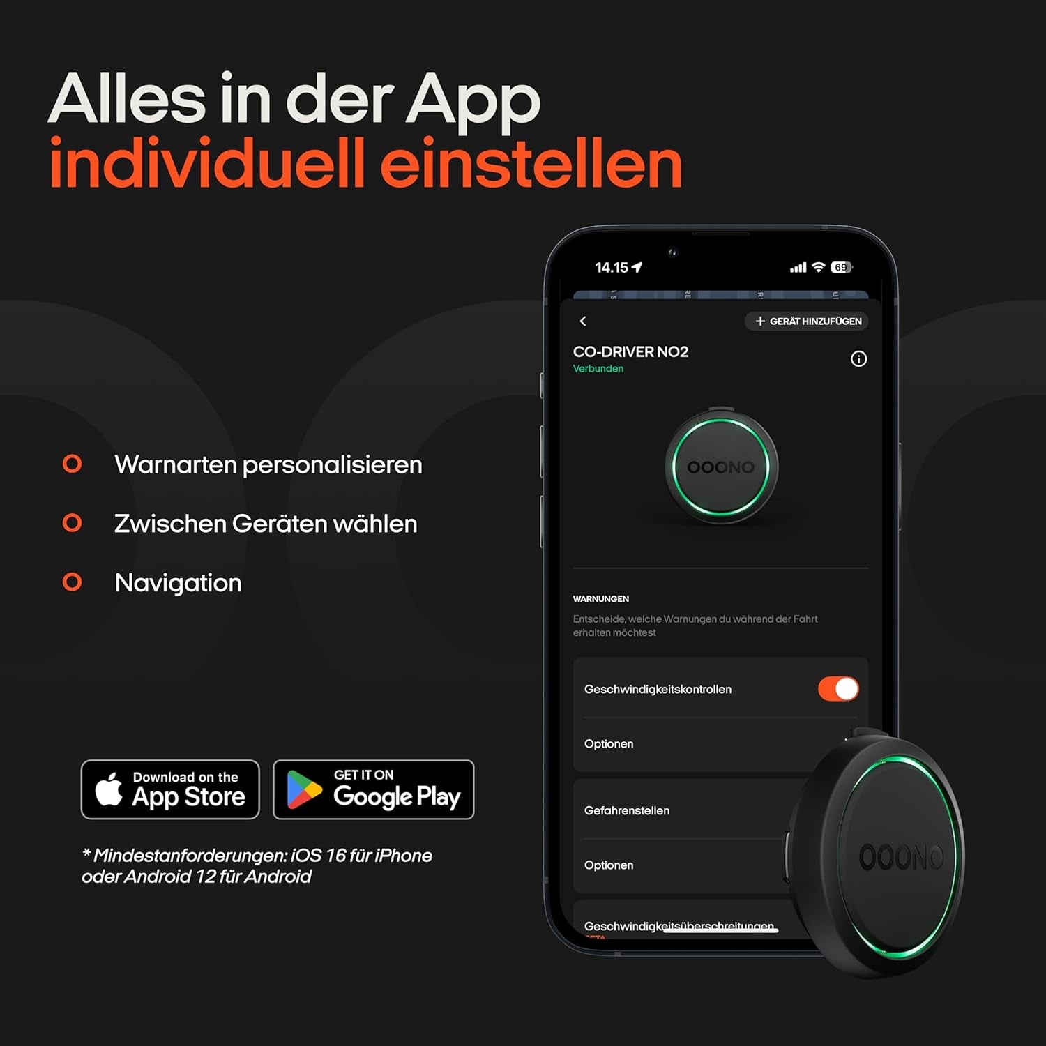 OOONO Co-Driver NO2 [NEUES Modell 2025] - Optimierter Co-Driver Fürs Auto - Warnt Vor Tempo-Kontrollen Und Gefahrenstellen - Wiederaufladbar - Led-Anzeige - Carplay & Android Auto Kompatibel