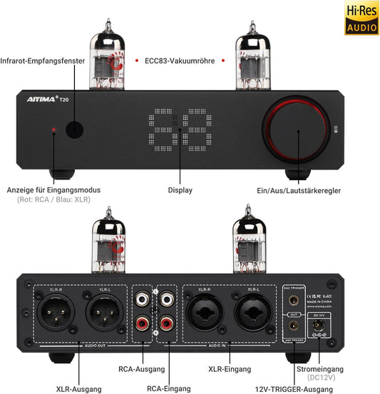 AIYIMA T20 Balanced Tube Vorverstärker LME49720 Für Hifi-Heim-Audio Mini-Vakuumröhren-Vorverstärker Mit Cinch-/Xlr-Ein- Und Ausgängen Und 12-V-Triggerausgang (DC12V 2A-Netzteiladapter)
