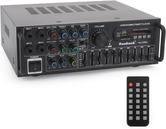 Areyourshop Hifi Verstärker Stereo Pa Endstufe Mit Bluetooth 5.0 2000W Audio Receiver Karaoke FM USB SD AUX, Vorverstärker Hifi 5-Band-Eq-Mixer, 4 Mikr, Verstärker Mit Boxen, Tuner Hifi Stereo