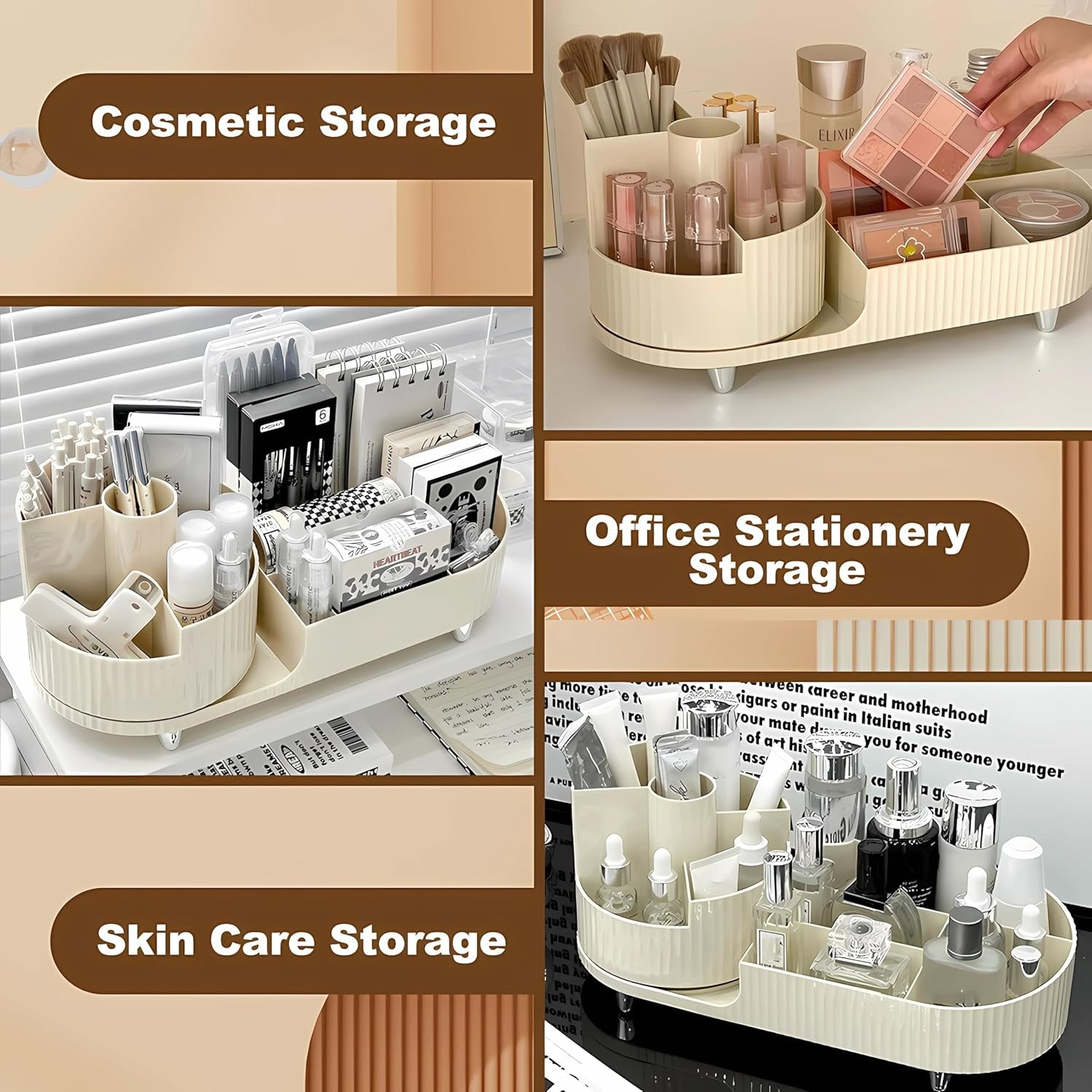 Make up Organizer 360° Drehbar, Großer Bad Kosmetik Organizer Mit Aufbewahrungsbox Für Schminktisch – Inkl. Makeup Pinsel Reiniger (Beige)