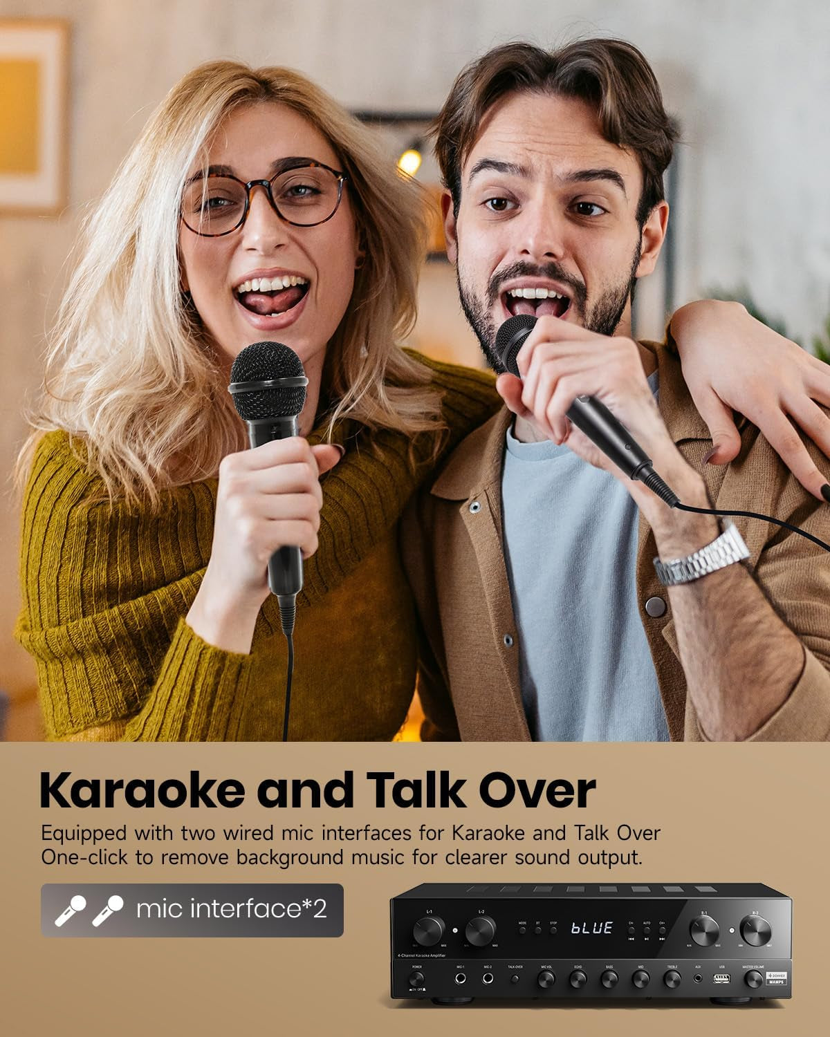 Donner Stereo Verstärker, Prämie 4-Kanal Verstärker Mit 1000 W Maximalleistung Und Bluetooth 5.0, USB, FM, 2 Mikrofoneingängen, Cinch, Glasfaser/Koaxial Eingang Für Heim, Karaoke Und Kinolautsprecher