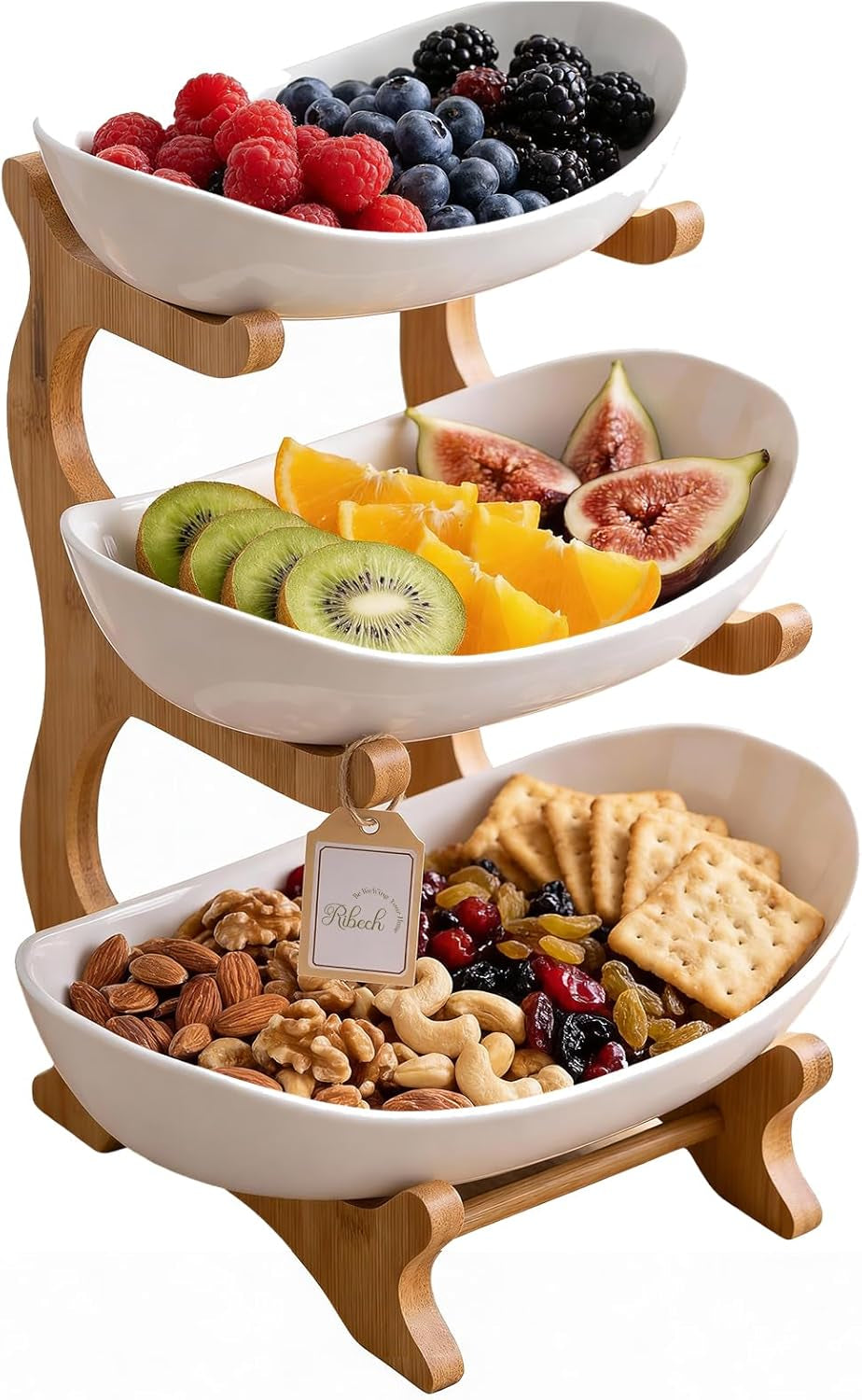 Obstständer 3-Stöckig Aus Bambus, Mehrstöckiger Obstkübel Mit Schalen, Küchenorganizer Für Obst Und Snacks, Deko-Etagere Aus Bambus