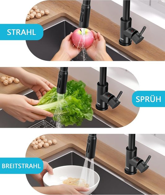 Küchenarmatur, Hochdruck Wasserhahn Küche Ausziehbar, Mischbatterie Küche Mit Küchenarmaturen, 360°-Drehbare Wasserhahn Küche, Edelstahl-Armatur Küche(Schwarz)